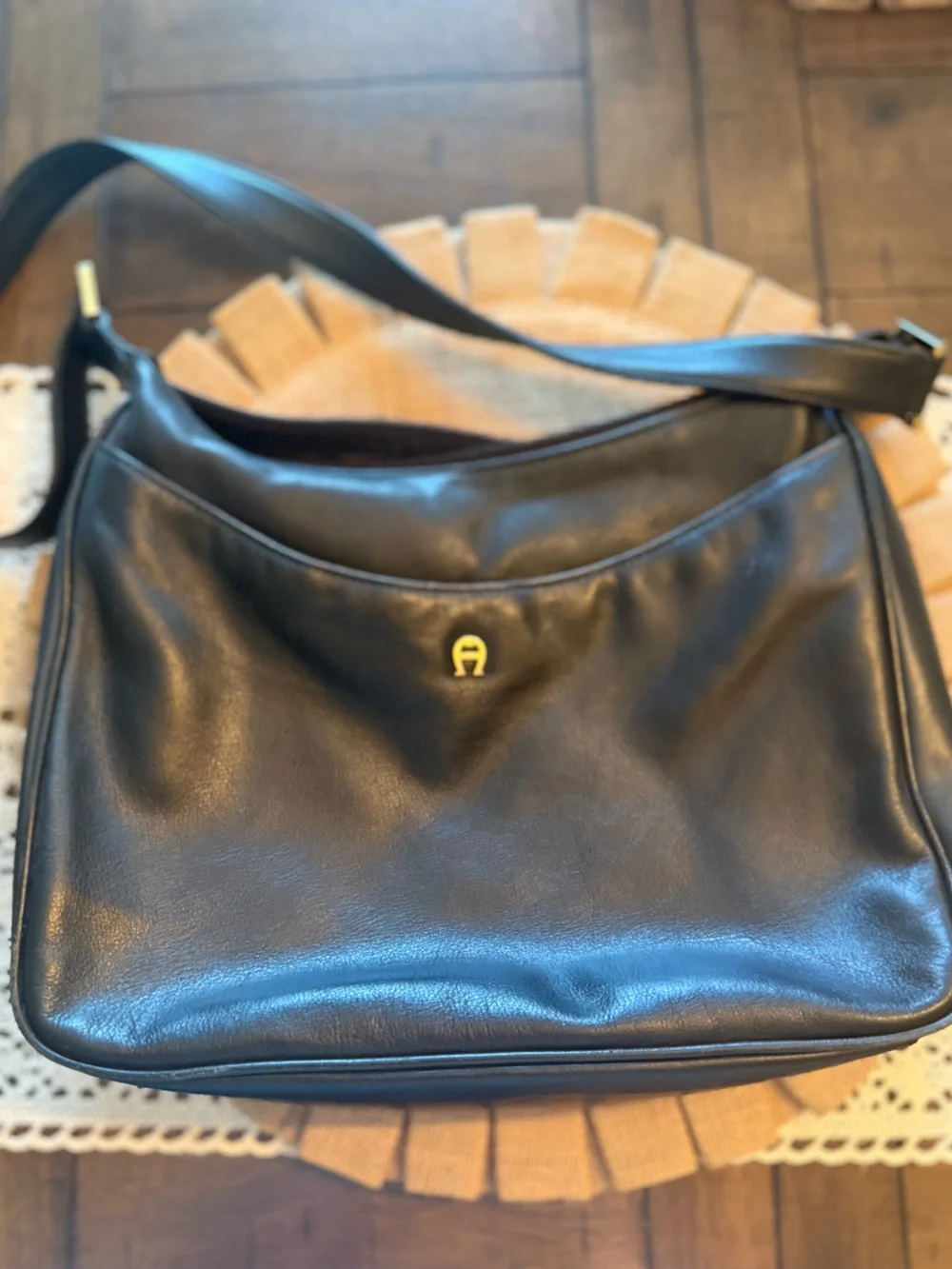 Vintage Etienne Aigner Black Leather Messenger Bag with Gold Logo
